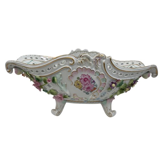Antique Large Porcelain Floral Footed Centerpiece Bowl encrusted Rose & Leaf - Picture 1 of 16